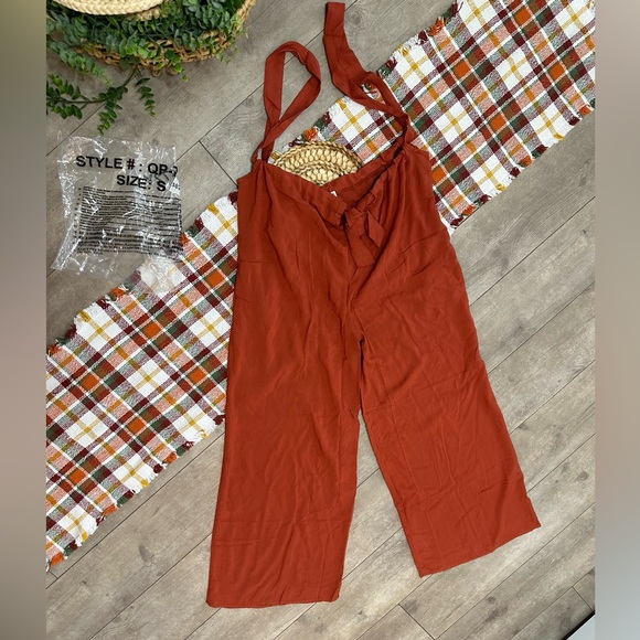 New Zenana Women’s Rust Wide-Leg Suspender Jumpsuit Overalls Size Small - Picture 12 of 13